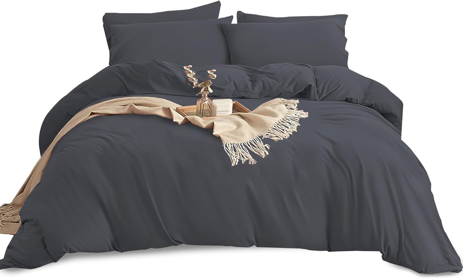 Yorkshire Bedding Duvet Cover Sets Soft Breathable Brushed Microfibre Plain Double Duvet Cover with Pillow cases Button Closure Quilt Cover Bed Set Charcoal Dark Grey — image 1