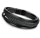 Jstyle Braided Leather Bracelet for Men Bangle Wrap Stainless Steel Magnetic-Clasp 7.5 Inch Black