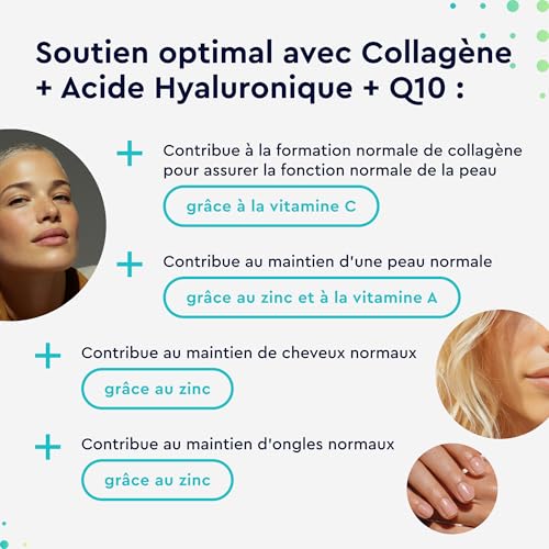 Collagene Marin + Acide Hyaluronique & Q10, Enrichi en Zinc, Magnésium, Vitamines B12, D3, A & C, 60 Capsules, Complexe Collagène Premium pour la Peau, les Cheveux & les Articulations*, Sans Additifs