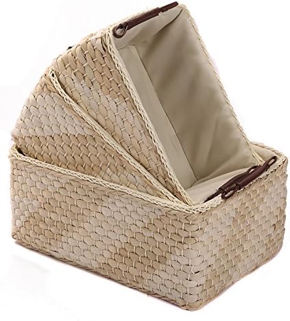 Kingwillow,Rectangular Woven Maize Storage Bins&amp;Baskets with Handle Set of 3. (Natural)