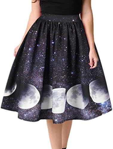 BLACKTOMATO Womens Fashion Printed Stretchy High Waist Pleated Casual Midi Skirt (Moon, L)