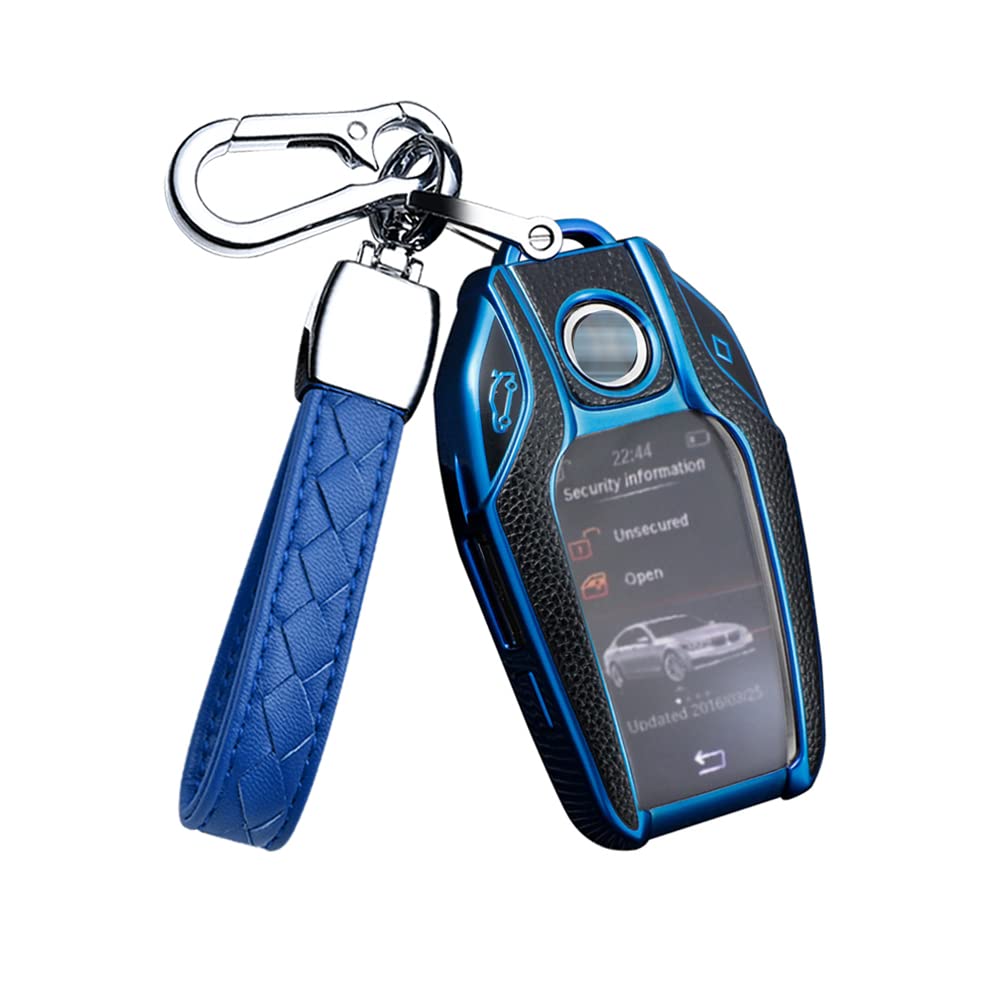 HIBEYO Smart Car Key Case Fits BMW Key Case Protective Cover for BMW 5 Series 7 Series i8 730li 740li 750li New X3 X7 Key Box Display Key Remote Key TPU Leather Texture Blue