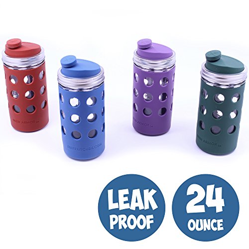 Brew Armor 24 Oz. Wide-Mouth (1.5 Pint) Mason Jar Beverage Bottle (Silicone Sleeve, Lid and Cork) by Brute Kitchen (Matcha Green)