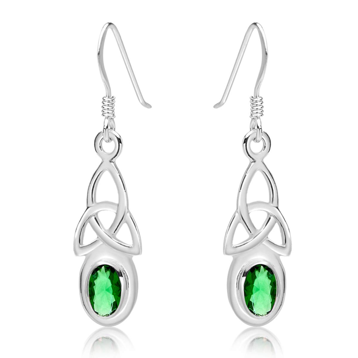 Emerald Earrings - 925 Sterling Silver Drop Hooks Earrings - Trinity Knot - Silver Dangle Earrings - Celtic Earrings Collection - Green Earrings