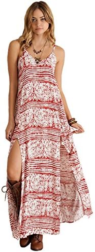Entro Women's Damask Print Maxi Dress with Tassel Belt (Medium, Red)