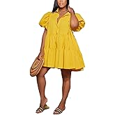WOKANSE Women's Cute Babydoll Dresses 2024 Casual Loose Puff Sleeves Ruffle Hem Button Down Pleated Shirt Dress