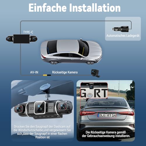 Dashcam Auto Vorne Hinten 4K/1080P,4 Kanal Auto Kamera mit 64GB SD-Karte,360°Dash Cam mit parküberwachung,4X140° Weitwinkel,3" IPS-Bildschirm,WDR Nachtsicht(8 IR-LEDs),G-Sensor,Loop-Aufnahme,WiFi App