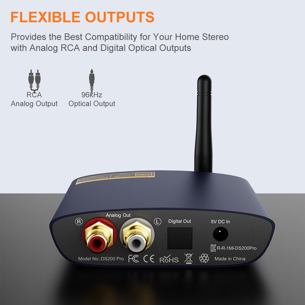 1Mii DS200Pro HiFi Bluetooth 5.3 Receiver with LDAC & Audiophile DAC, aptX HD Low Latency Wireless Audio Adapter, Long Range, RCA/Optical Output for Home Stereo/Amplifier/AV Receiver – Blue