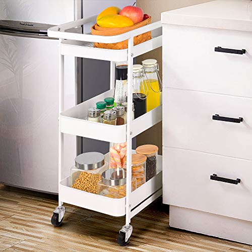 YOHOM 3 Tier Metal Rolling Cart Storage Shelves Mesh Utility Trolley Cart with Wheels Handle Craft Art Carts Organizer for Bathroom Kitchen Office Laundry Classroom White