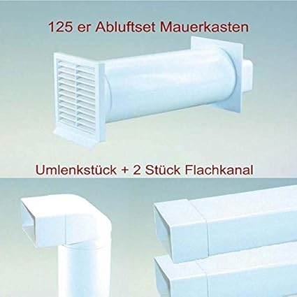 Abluftset 125mm Mauerkasten rund mit Rechteckanschluss und Rückstauklappe 2x Flachkanal 1m sowie Umlenkstück von flach auf ru