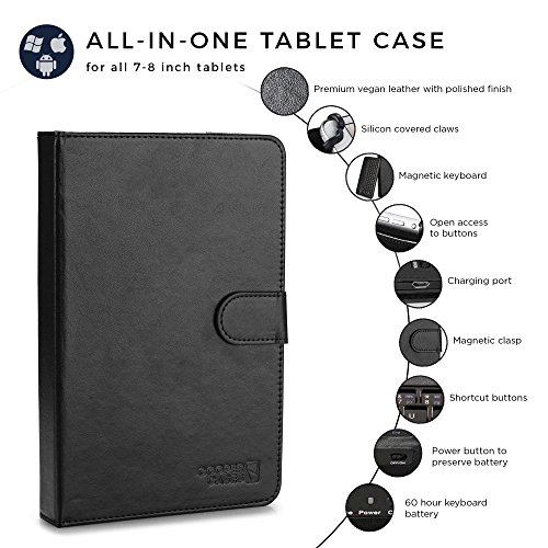 Cooper Infinite Executive Keyboard Case for 7-8" Tablets | 2-in-1 Bluetooth Wireless Keyboard & Leather Folio Cover, Universal, 100HR Battery (Black)