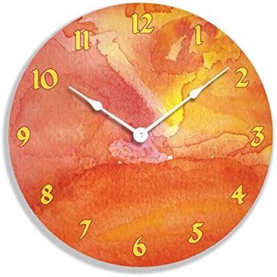 Contemporary abstract watercolor design 10 inch wall clock. Bright red, orange and yellow colors.