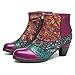socofy Block Heel Ankle Booties,Women's Bohemian Splicing Pattern Side Zipper High Block Heel Ankle Leather Boots
