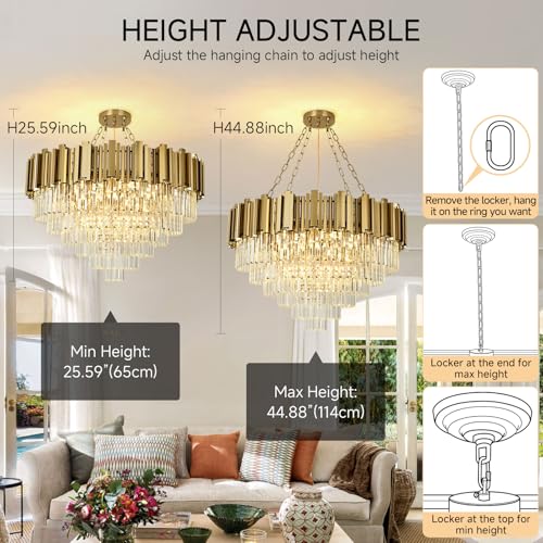 AOOCHOK Modern Gold Crystal Chandelier, Round Crystal Hanging Chandeliers, Ideal for Living Room, Dining Room, Bedroom and Restaurant, Φ80cm