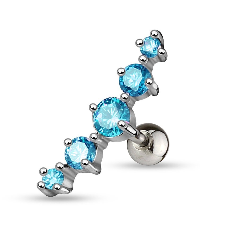 PiercedOff 316L Surgical Steel Cartilage Barbell with 5 Aqua CZ Gems Journey Curve - Thickness 16GA (1.2mm) / Length 6mm / Ball Size 4mm / Journey Curve 5mm x 17.5mm