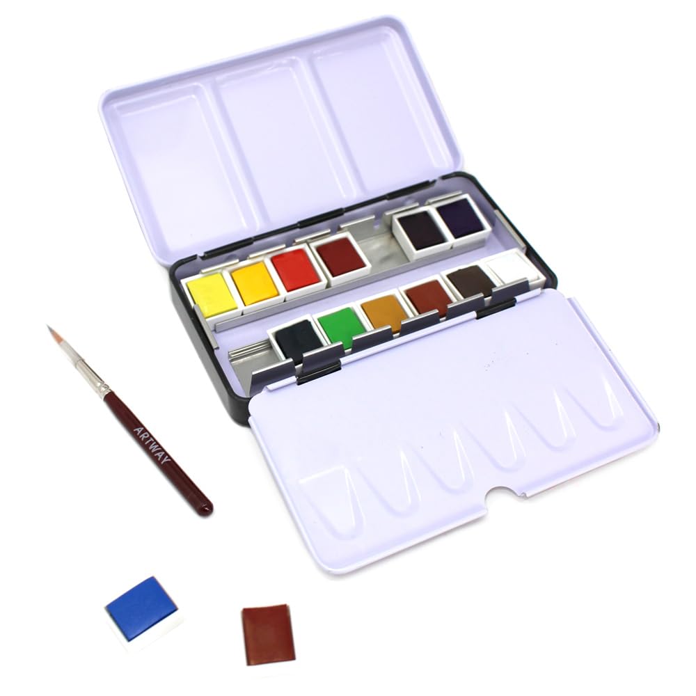 Artway High Pigment Watercolour Paint Set - 14 Half Pans with brush