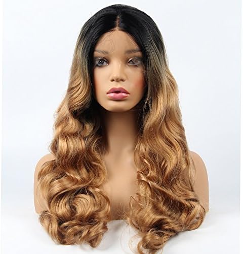 vvBing Long Body Wave Synthetic Lace Front Wig Natural Black Root Ombre Light Brown Blonde Full Hair Wigs For Women(24Inches)
