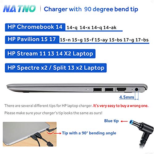 NATNO 65W 45W 19.5V AC Adapter Compatible with HP Laptop Charger Pavilion X360 11 13 15 Chromebook 11 14 G3 G4 Envy 13 15 17 Stream 11 13 14 Probook Elitebook Power Supply Cord (65W Blue Tip)
