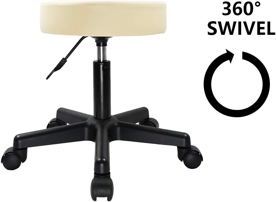 KKTONER Round Rolling Stool PU Leather Height Adjustable Swivel Drafting Work SPA Medical Salon Stools Chair with Wheels Beige: Furniture & Decor
