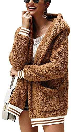 BTFBM Women Fleece Hooded - Open Front Long Sleeve Fuzzy Sherpa Loose Warm Winter Two Pockets Coat Jacket Outwear (Khaki, Medium)