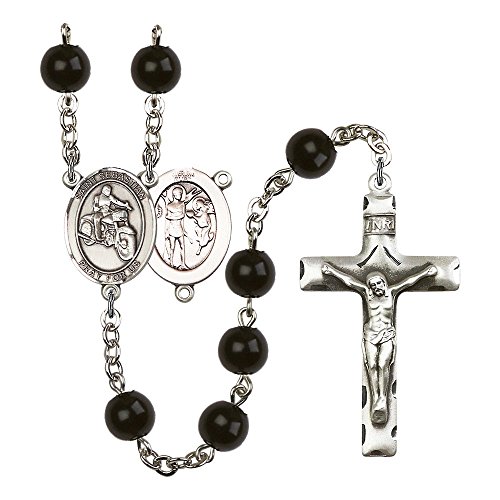 St. Sebastian / Motorcycle Silver-Plated Rosary 7mm Black Onyx Beads Crucifix Size 1 3/4 x 1 medal charm