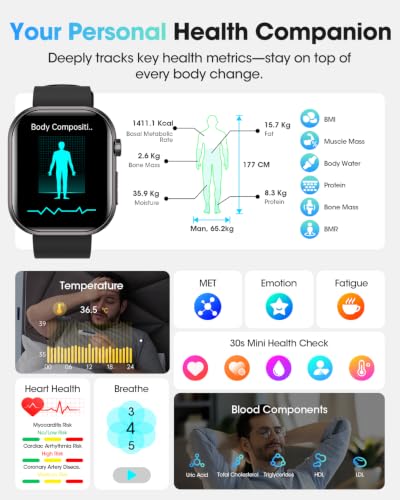BANLVS 2026 Smartwatch Uomo Salute, ECG/HRV/BMI, Pressione Sanguigna, 1,96" AMOLED Display Orologio Fitness, 24H Frequenza Cardiaca SpO2 Sonno, 140+ Sport, Temperatura, Android iOS Nero