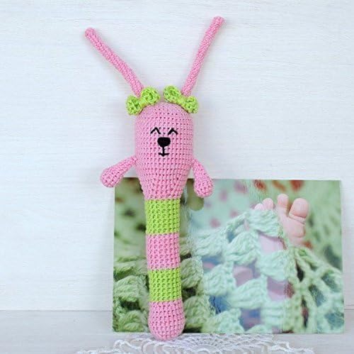 Crochet Rattle Pink Bunny Girl, Organic Teething Toy, Cotton Yarn