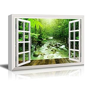 Canvas Wall Art - Window Peering into a Dense Forest with a Flowing River - Giclee Print Gallery Wrap Modern Home Art Ready to Hang - 12x18 inches