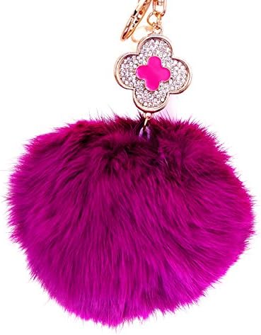 Large Burgundy Pom Pom w/ Clear Rhinestone Floral Charm and Pearl Key Chain / Purse Charm