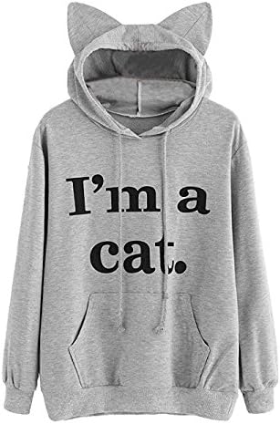 TDmall Clothing Series Women Long Sleeve Cute Cat Ear Pullover Kangaroo Pockets Hoodie Slogan Sweatshirt