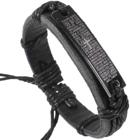 DASATA Hot Fashion 100% Leather Hellboy Style Metal Genuine Leather Cross Bracelet and Cross Necklace for Men Women (Black-1026)