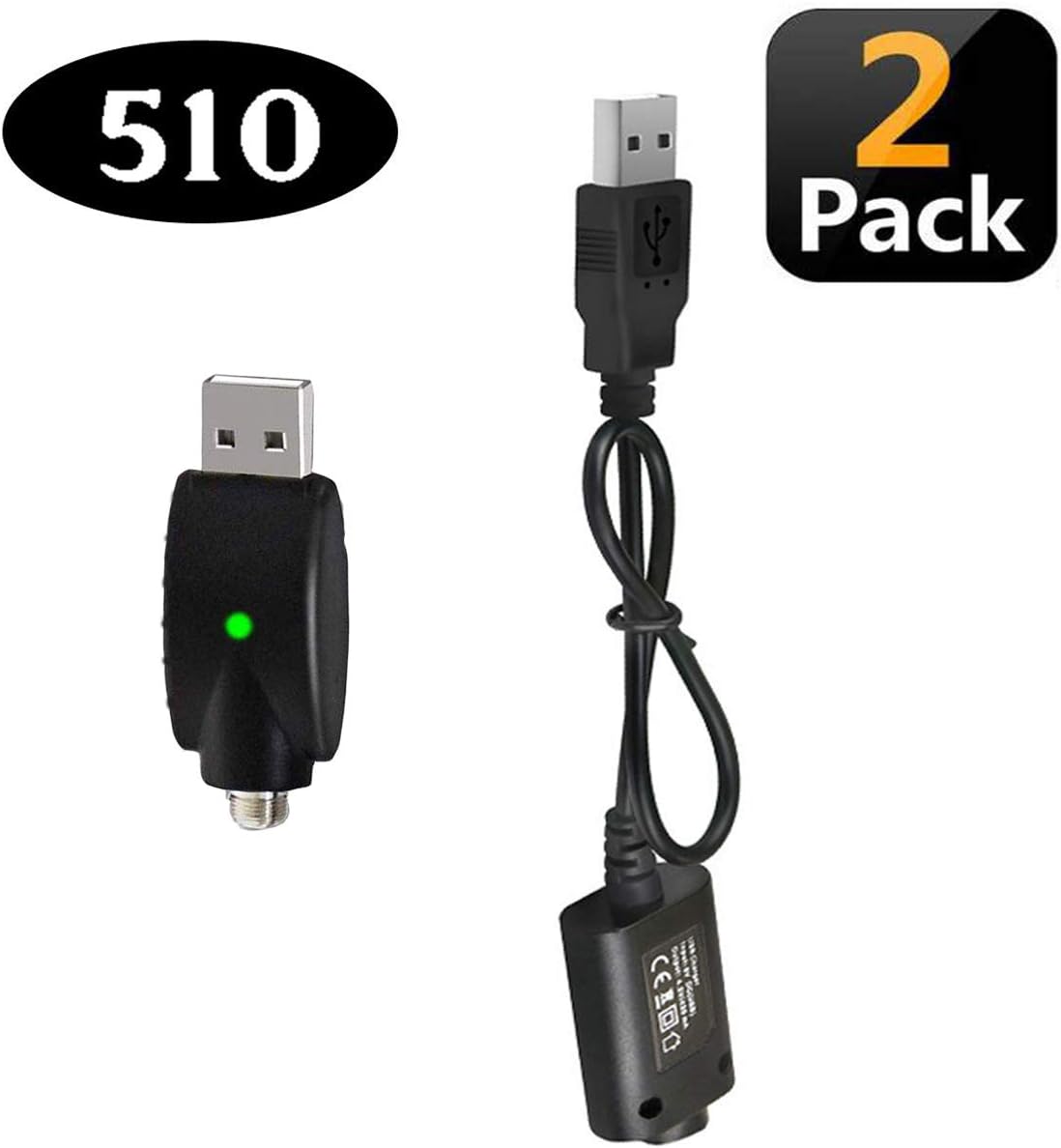 510-Thread USB Smart Charger,USB Charger with Over-Charge Protection and LED Indicator Compatible Standard 510 Threaded Devices - 2-Pack