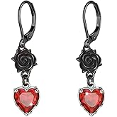 Gothic Red Crystal Earrings for Women Black Rose Flower Bat Skeleton with Heart Crystal Earrings Leverback Dangle Drop Earrings Gothic Halloween Jewelry Gifts