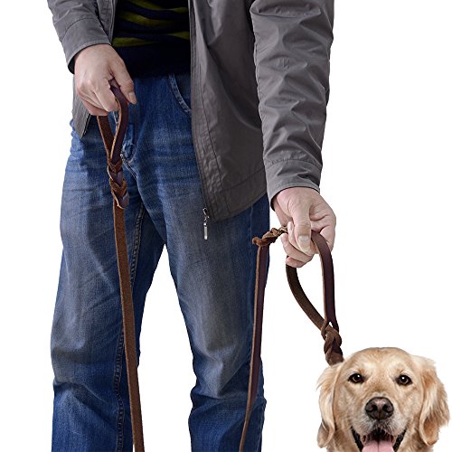 Wellbro Double handle Leather Dog Leash, 6 Foot Braided Dog Training Leash, Soft and Deluxe Pet Walking Lead with Copper Hook, For Safe Control of Medium/Large Dogs, Brown - Thumbnail 5