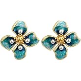 Enamel Flower Pearl Stud Earrings with 18k Gold Plated and 925 Silver Post, Vintage Style Floral Jewelry for Women