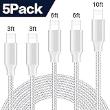 iPhone Charger, MFi Certified iPhone Cable 5 Pack [3/3/6/6/10FT] Extra Long Nylon Braided USB Charging&Syncing Cord Compatible with iPhone Xs Max/XS/XR/7/7Plus/X/8/8Plus/6S/6S Plus/SE (Silver&White)