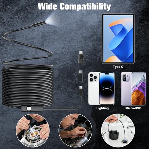 VINATO Endoscope for Smartphone 10 m, 1080P HD Waterproof IP67 Inspection Camera, 8 mm Probe with 8 LEDs, Type-C Direct Connection (iPhone/Android Adapter Included) for Vehicles, Tubing