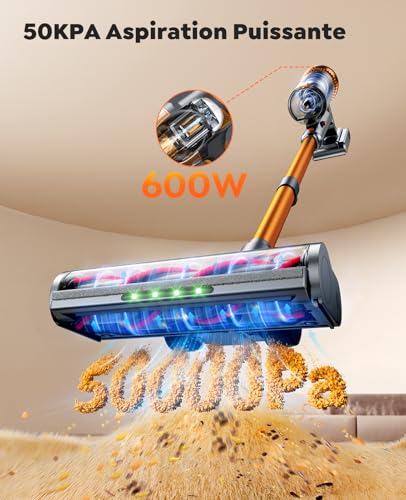 SMOTURE 600W/50KPa/65Min Cordless Broom Vacuum Cleaner Powerful Cordless Vacuum Cleaner with Extendable Hose 1m, Wall Charging, Auto Mode, LCD Screen Broom Vacuum for Pet Hair/Floor/Carpet/Car