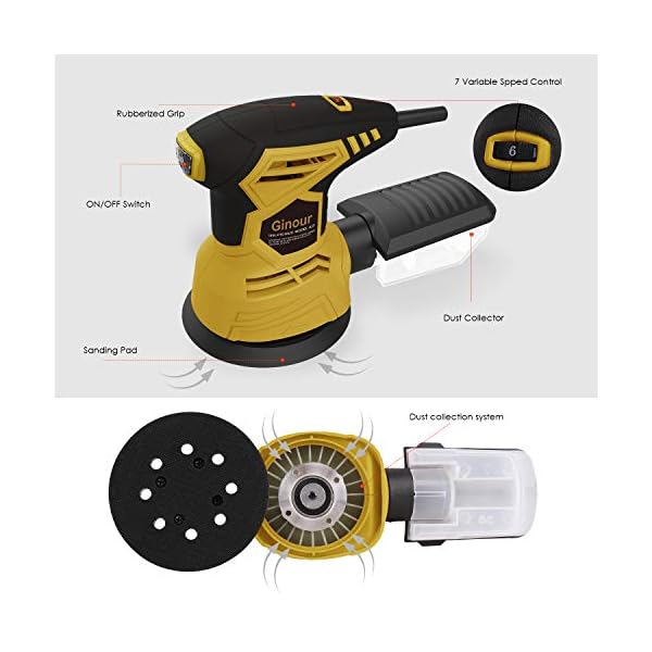 Exzenterschleifer，Ginour 300W Schleifmaschine mit 15 Schleifpapiere，125mm Schleifteller, Schwingzahl 13000 OPM, mit… – Bild 3