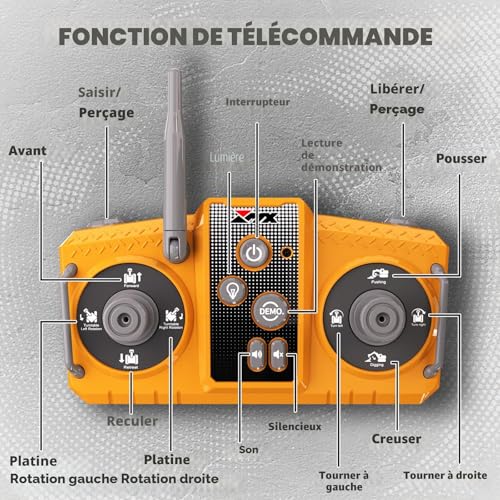GraceDuck 3-in-1 Remote Control Excavator, 2.4 GHz with Sound & Light Functions – 680° Rotation and 3 Interchangeable Accessories, Suitable for Various Terraines, Ideal Toy for Children aged 6-12