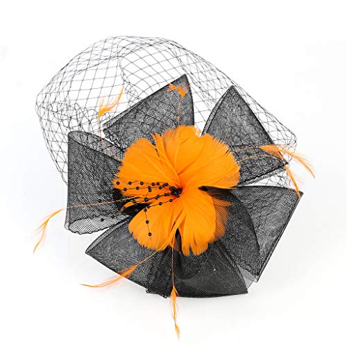 Sayhi Women Flower Mesh Hair Clip Fascinators Hat Pillbox Hat Cocktail Tea Party Wedding Headband(Orange,free size) - Thumbnail 3