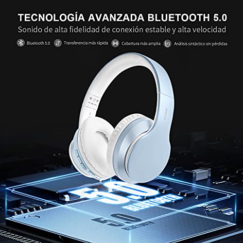 Ifecco Bluetooth Estéreo Auriculares Música sobre-oído Sonido de Alta fidelidad, Bluetooth Banda para la Cabeza Plegable con micrófono y Cable de Audio para Apple iPhone, PC (Azul Liso)