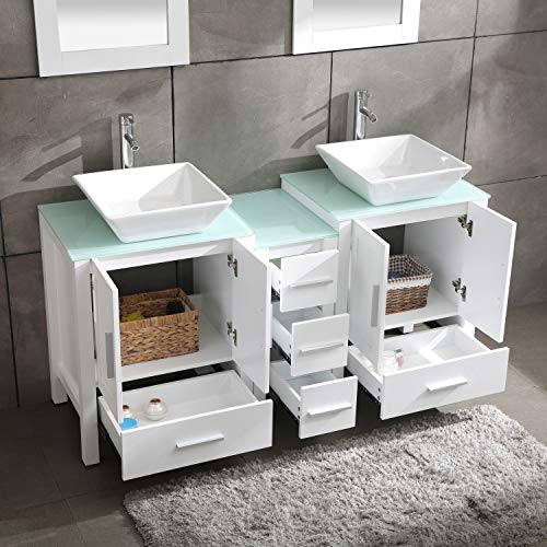 60" Bathroom Vanity Cabinet with Double Sink Combo Glass Top White MDF Wood w/Mirror Faucet Drain Set
