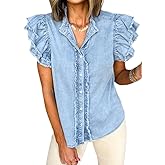 Chvity Summer Women's Button Down Denim Tops Ruffled Flutter Sleeve Blouse V Neck Casual Shirt Tops