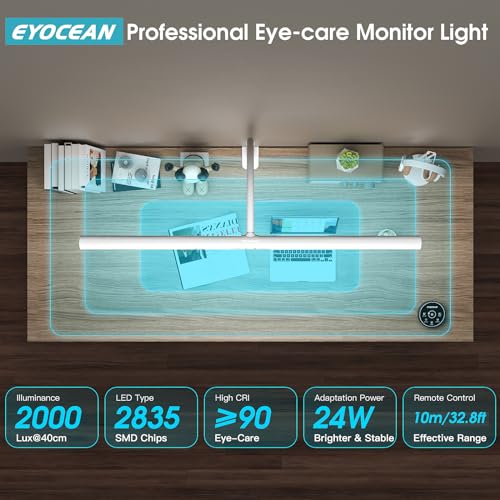 EYOCEAN LED Desk Lamp with Gesture Control and Remote Control, 24 W 80 cm Clampable Desk Lamps, Dimmable Adjustable Colour Temperatures Monitor Lamp, Daylight Lamp for Home Office, White