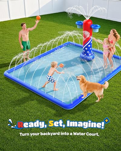 ODOSOLA 137x118'' Large Splash Pad for Kids 3-12 & Dogs, 2-in-1 Sprinkler Pad with Basketball Hoop/Ball Toss, Thickened Non-Slip Water Mat, Foldable Outdoor Summer Toy for Backyard/Pool/Beach
