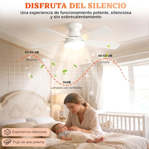 Ventilador de Techo con Luz de 42 Inch/107cm, Montaje Empotrado con Control Remoto, Silencioso de 5 Aspas, 3cct+6 Velocidades, Motor Reversible, Blanco