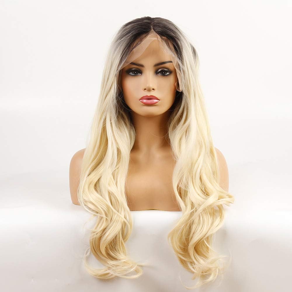 Life Diaries 13ร6.3INCH Large Lace Kanekalone Blonde Black Root Body Wave High Density Heat Resistant Fiber Glueless Large Part Space Lace Front Synthetic Wig For Girls And Women 24 inch