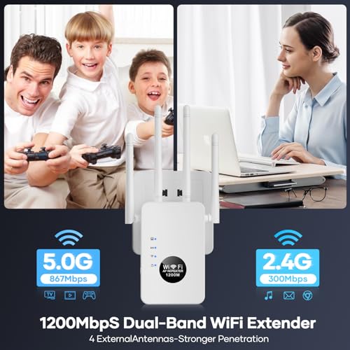 WiFi Repeater,WiFi Extender Signal Booster, 1200 Mbps Covers Up to 12880 Sq.ft and 60 Devices,WiFi Booster Dual Band 5GHz&2.4GHz for Home with Ethernet Port (White)