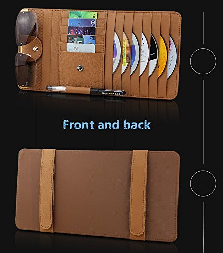 Genuine Leather 10 PocketS Car Sun Visor CD DVD Organizer , Car Sun Visor Storage,CD Holder,CD Visor Organizer For Car with Glasses and Pen Holder (Beige) - Thumbnail 4